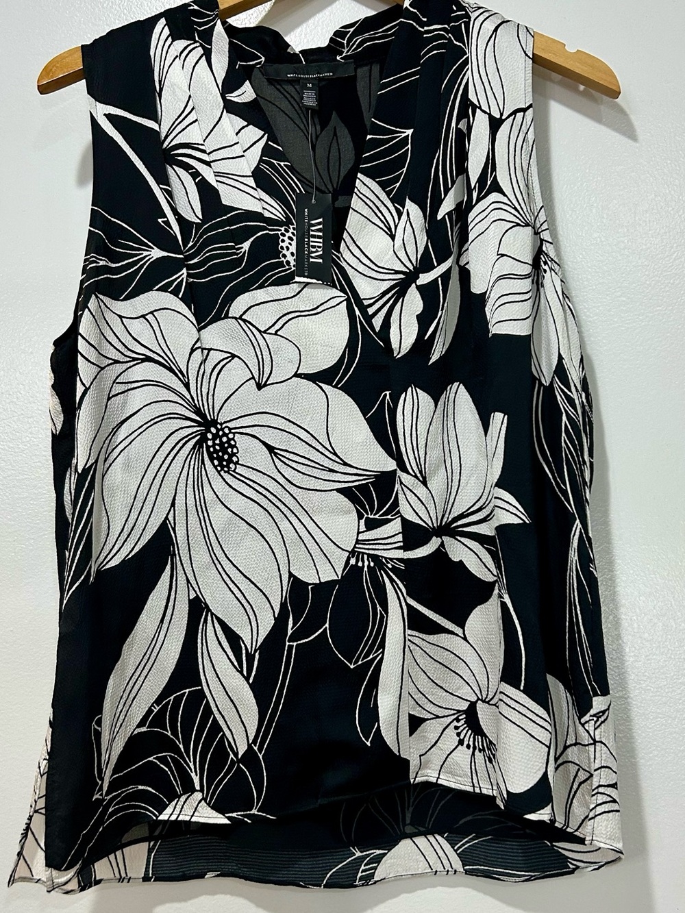White House Black Market Black and White Floral V-Neck Top